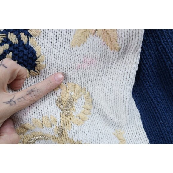 Vtg 90s Streetwear Womens Medium Hand Knit Flower Boat Anchor Cardigan Sweater - Picture 5 of 15